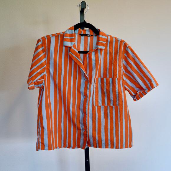 Marimekko + Uniqlo Short Sleeve Collared Striped Shirt Orange Womens Size XS - Picture 3 of 6